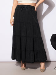 Women Black Tencel Front Drawstring Tired Skirt