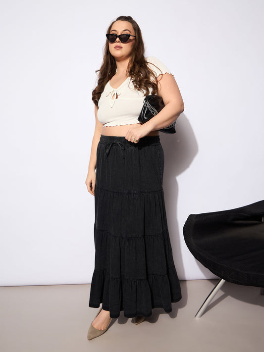 Women Black Tencel Front Drawstring Tired Skirt