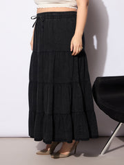 Women Black Tencel Front Drawstring Tired Skirt