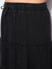 Women Black Tencel Front Drawstring Tired Skirt