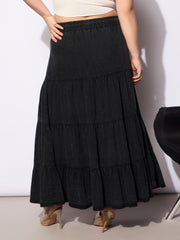 Women Black Tencel Front Drawstring Tired Skirt