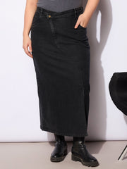 Women Black Wash Denim Side Slit Skirt