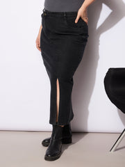 Women Black Wash Denim Side Slit Skirt