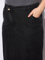 Women Black Wash Denim Side Slit Skirt
