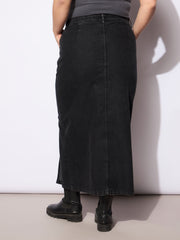 Women Black Wash Denim Side Slit Skirt