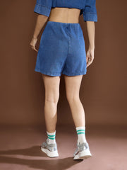 Women Blue Denim Front Slit Skorts