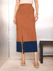Women Rust Twill Contrast Hem Pencil Skirt