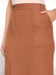 Women Rust Twill Contrast Hem Pencil Skirt
