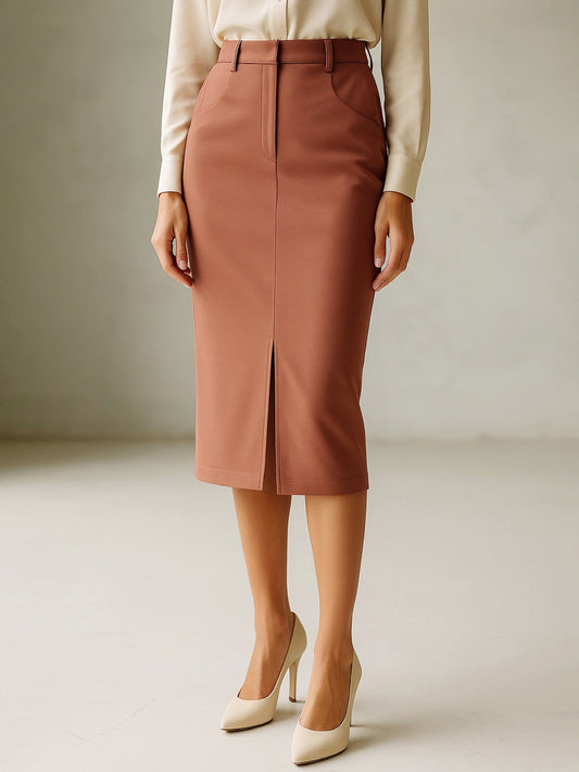Women Rust Front Slit Midi Skirt