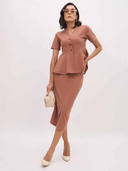 Women Rust Front Slit Midi Skirt