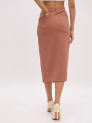 Women Rust Front Slit Midi Skirt