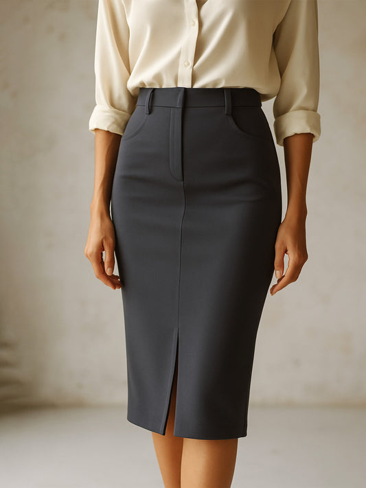 Women Dark Grey Front Slit Midi Skirt