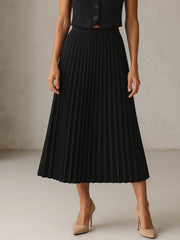 Women Black Elasticated Waist Pleated Midi Skirt