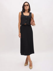 Women Black Elasticated Waist Pleated Midi Skirt