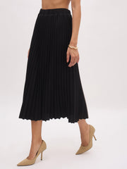 Women Black Elasticated Waist Pleated Midi Skirt