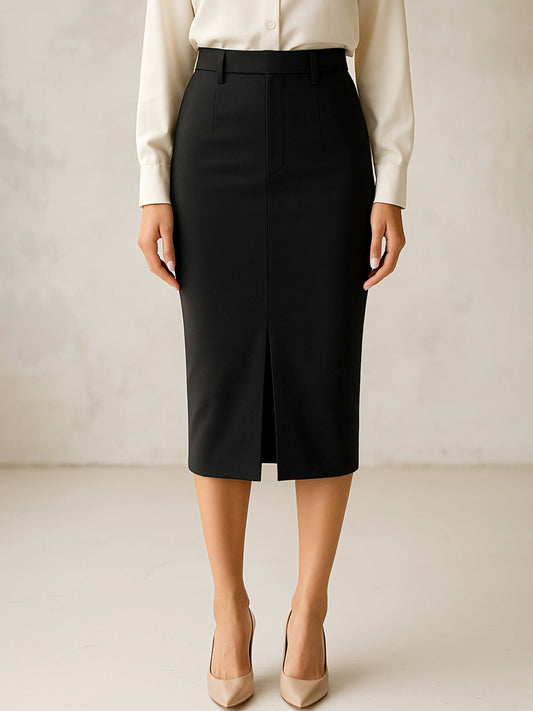 Women Black Front Slit Skirt