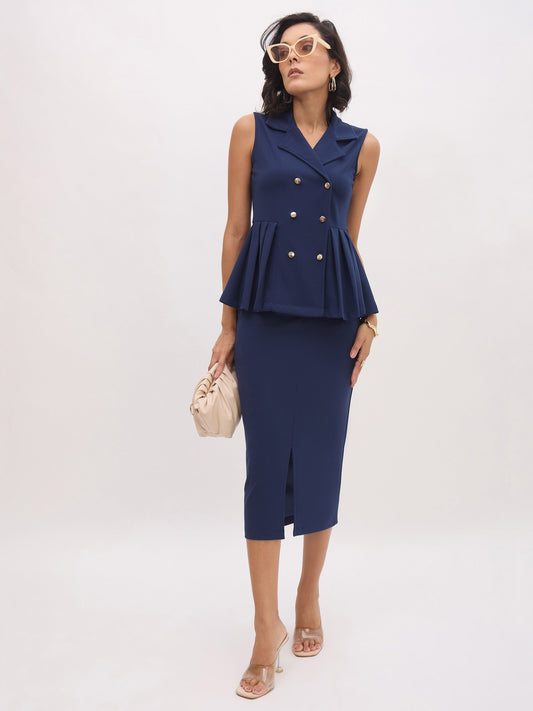 Women Blue Front Slit Skirt