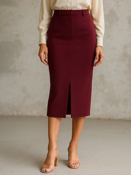 Women Burgundy Front Slit Skirt