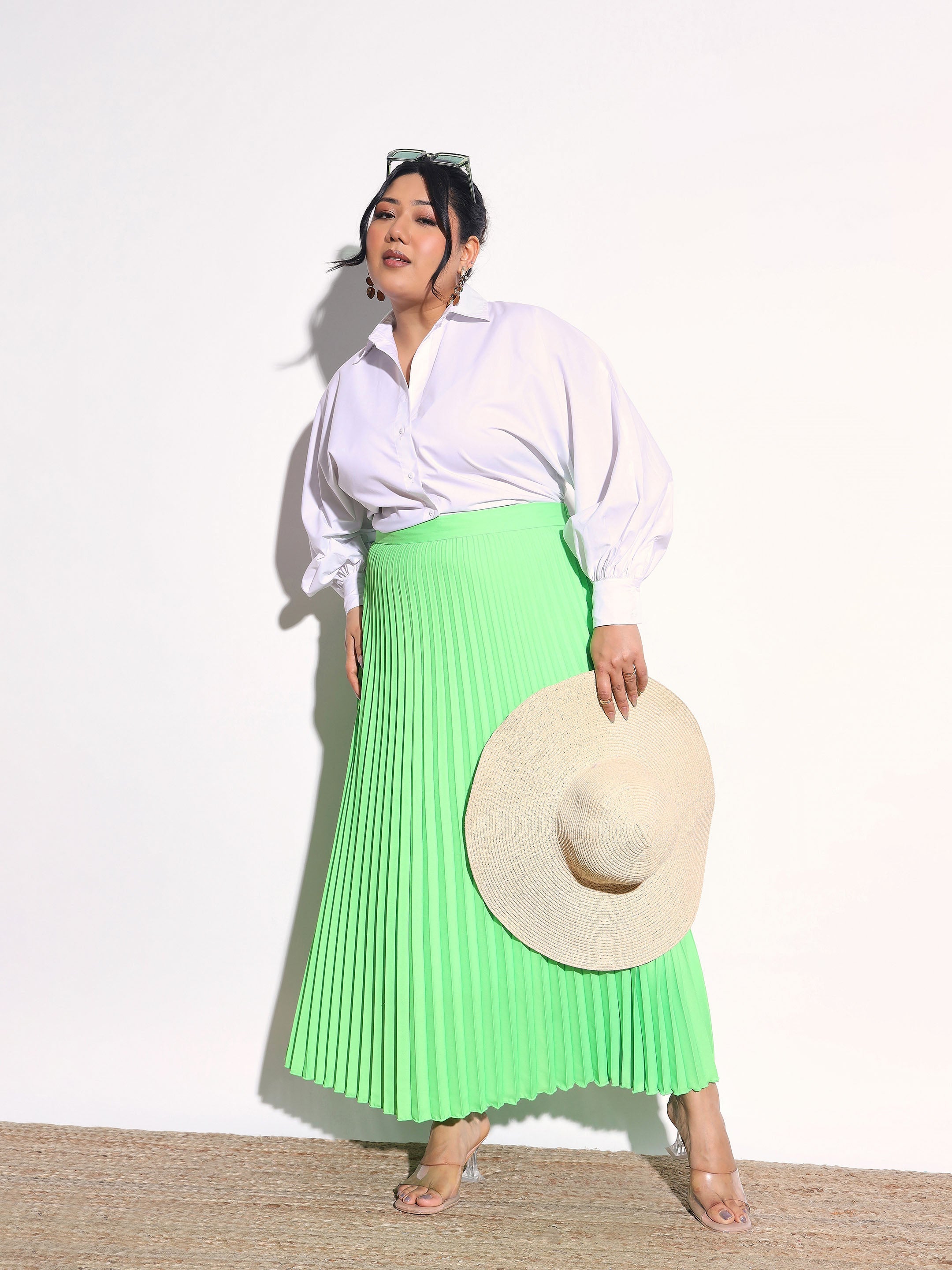 Neon Green Accordion Pleated Skirt SASSAFRAS Curve