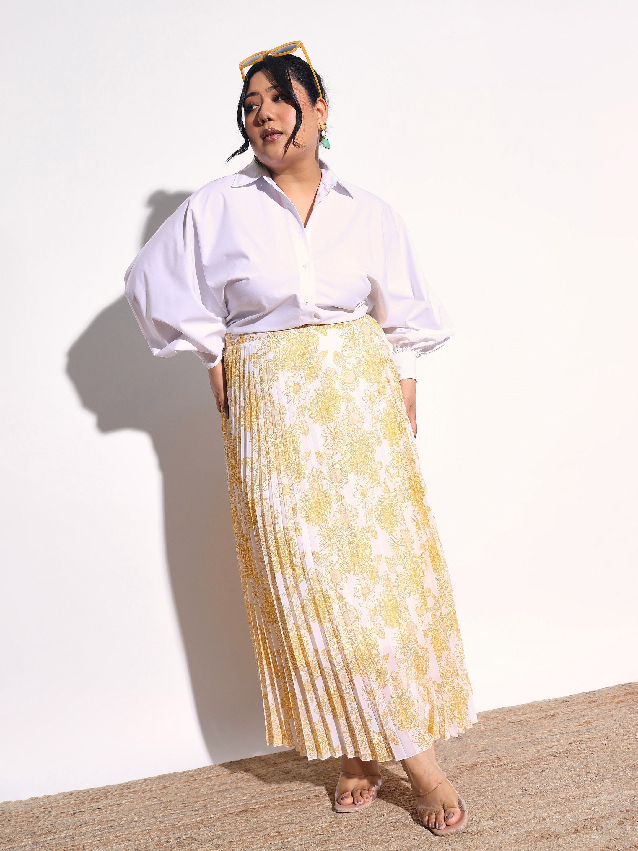 Yellow Floral Accordion Pleated Skirt SASSAFRAS Curve