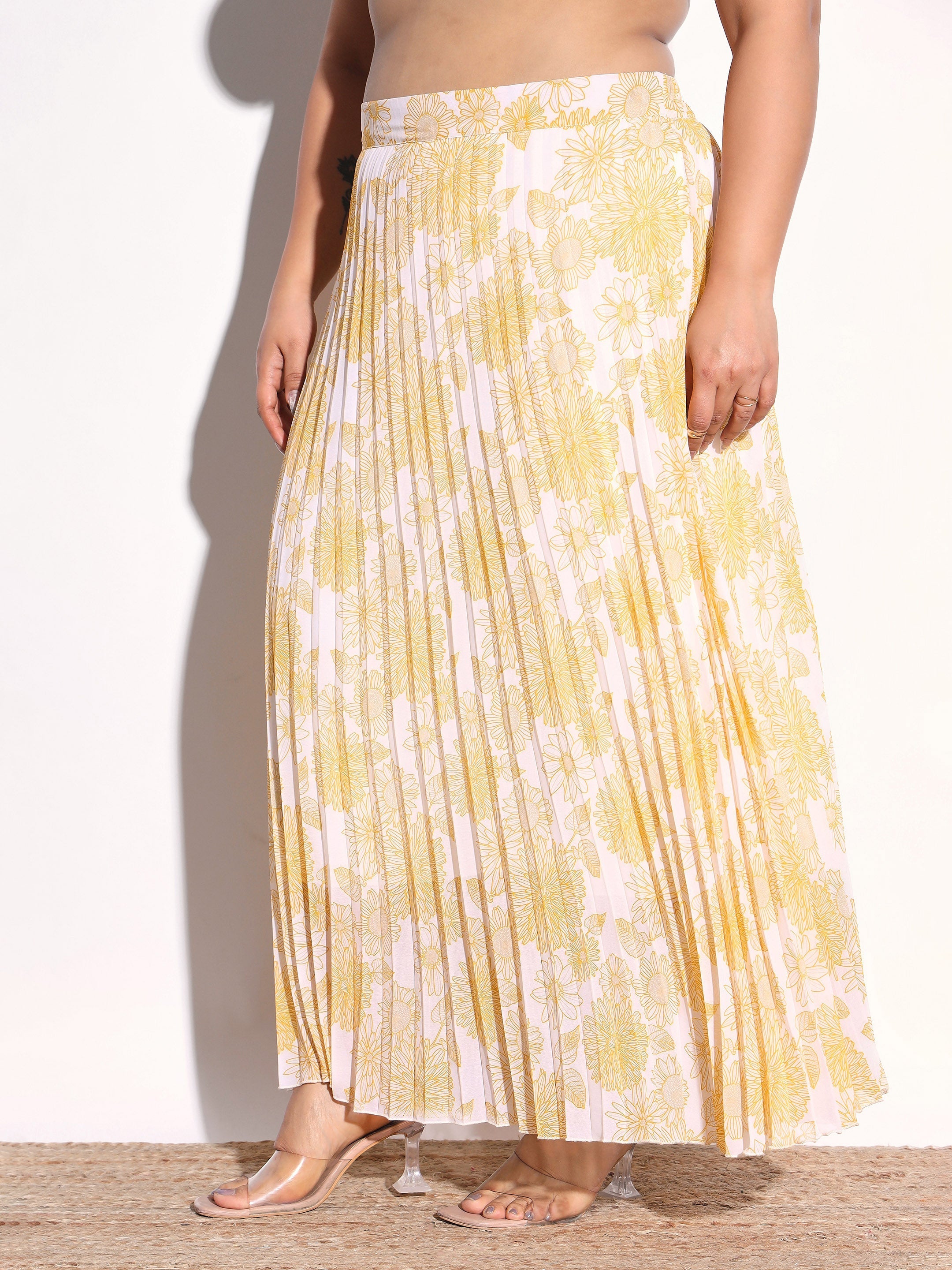 Yellow Floral Accordion Pleated Skirt SASSAFRAS Curve
