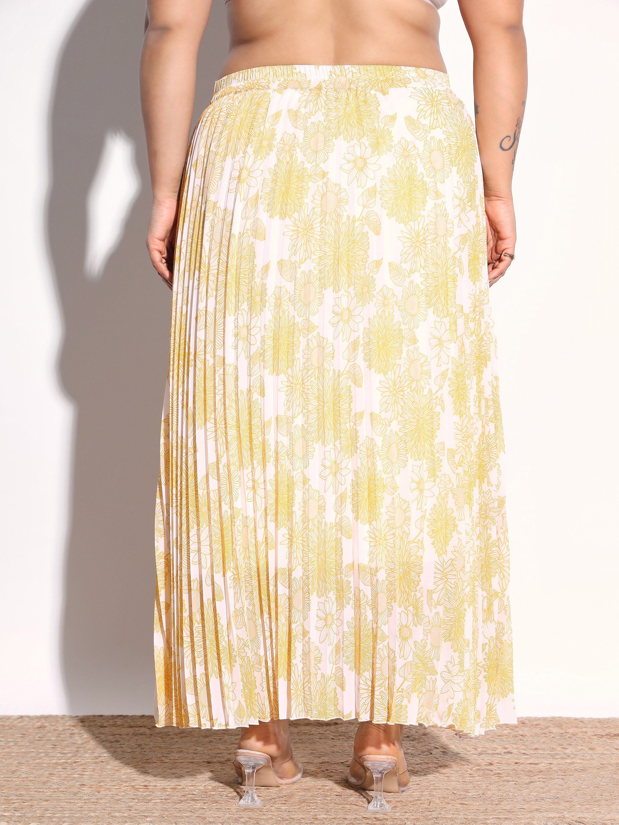 Yellow Floral Accordion Pleated Skirt SASSAFRAS Curve