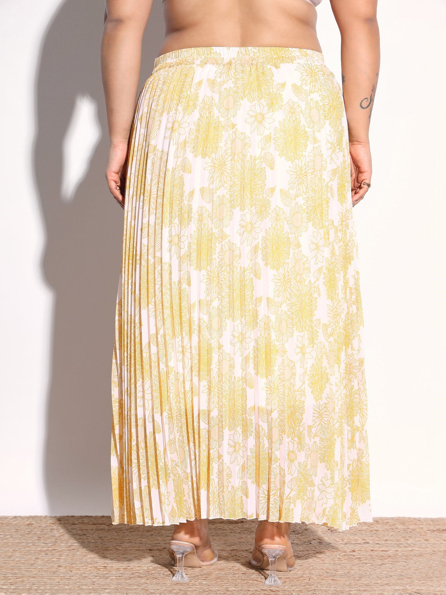 Yellow Floral Accordion Pleated Skirt SASSAFRAS Curve