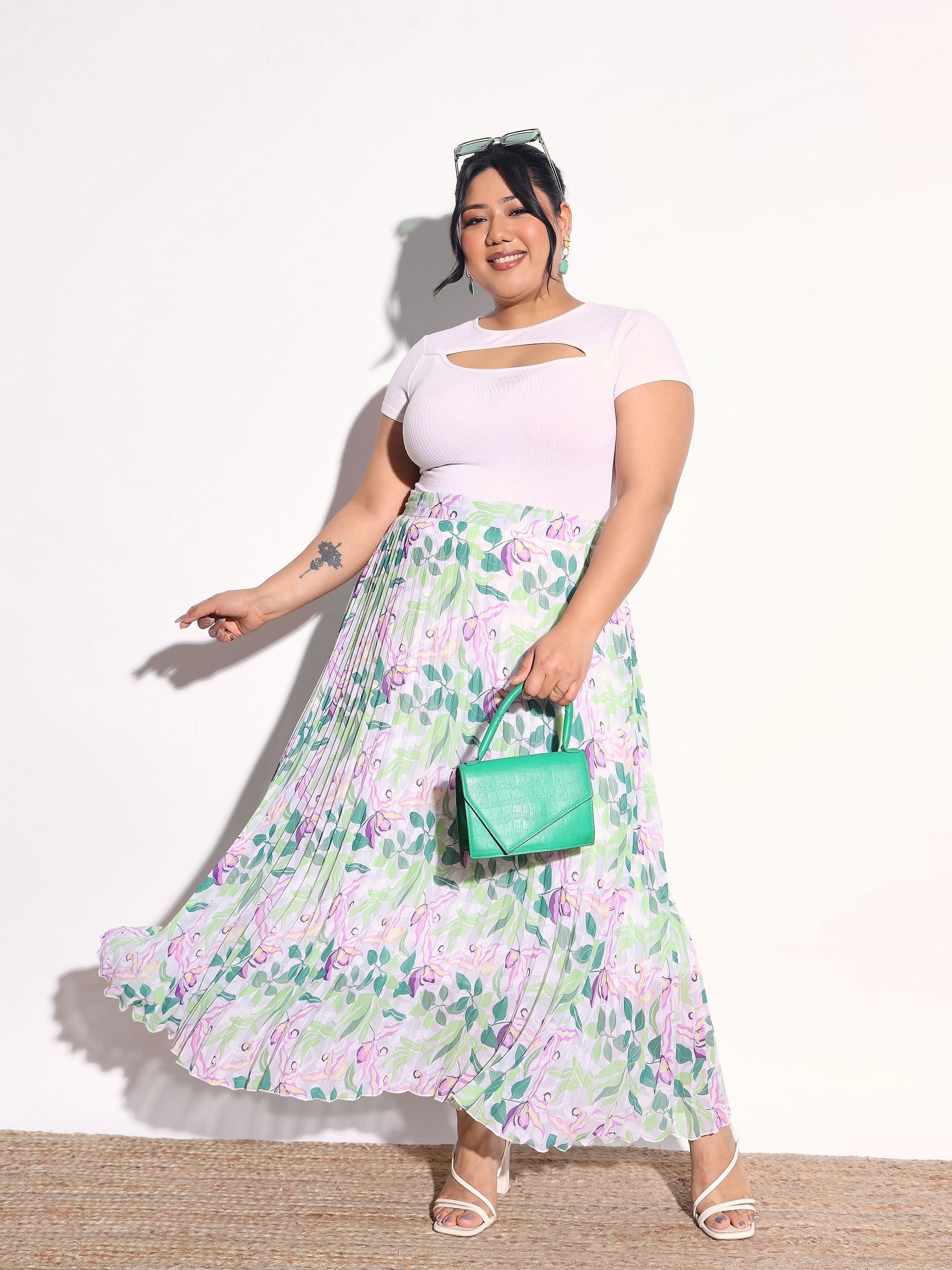 White & Green Floral Accordion Pleated Skirt SASSAFRAS Curve