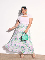 White & Green Floral Accordion Pleated Skirt SASSAFRAS Curve