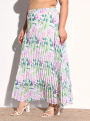 White & Green Floral Accordion Pleated Skirt SASSAFRAS Curve