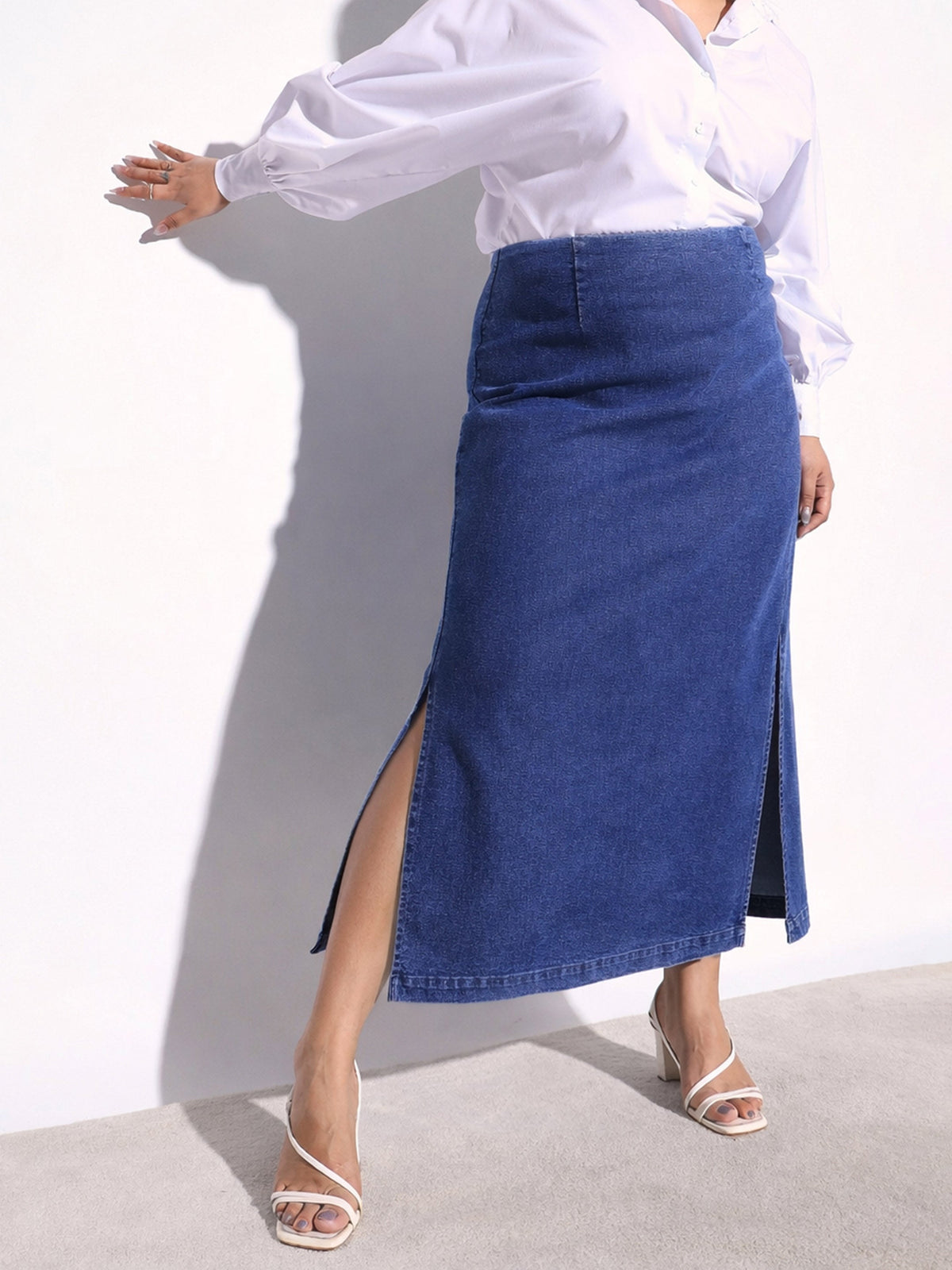 Navy Denim Side Slit Midi Skirt SASSAFRAS Curve