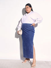 Navy Denim Side Slit Midi Skirt SASSAFRAS Curve