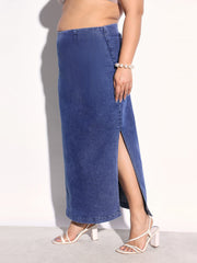 Navy Denim Side Slit Midi Skirt SASSAFRAS Curve