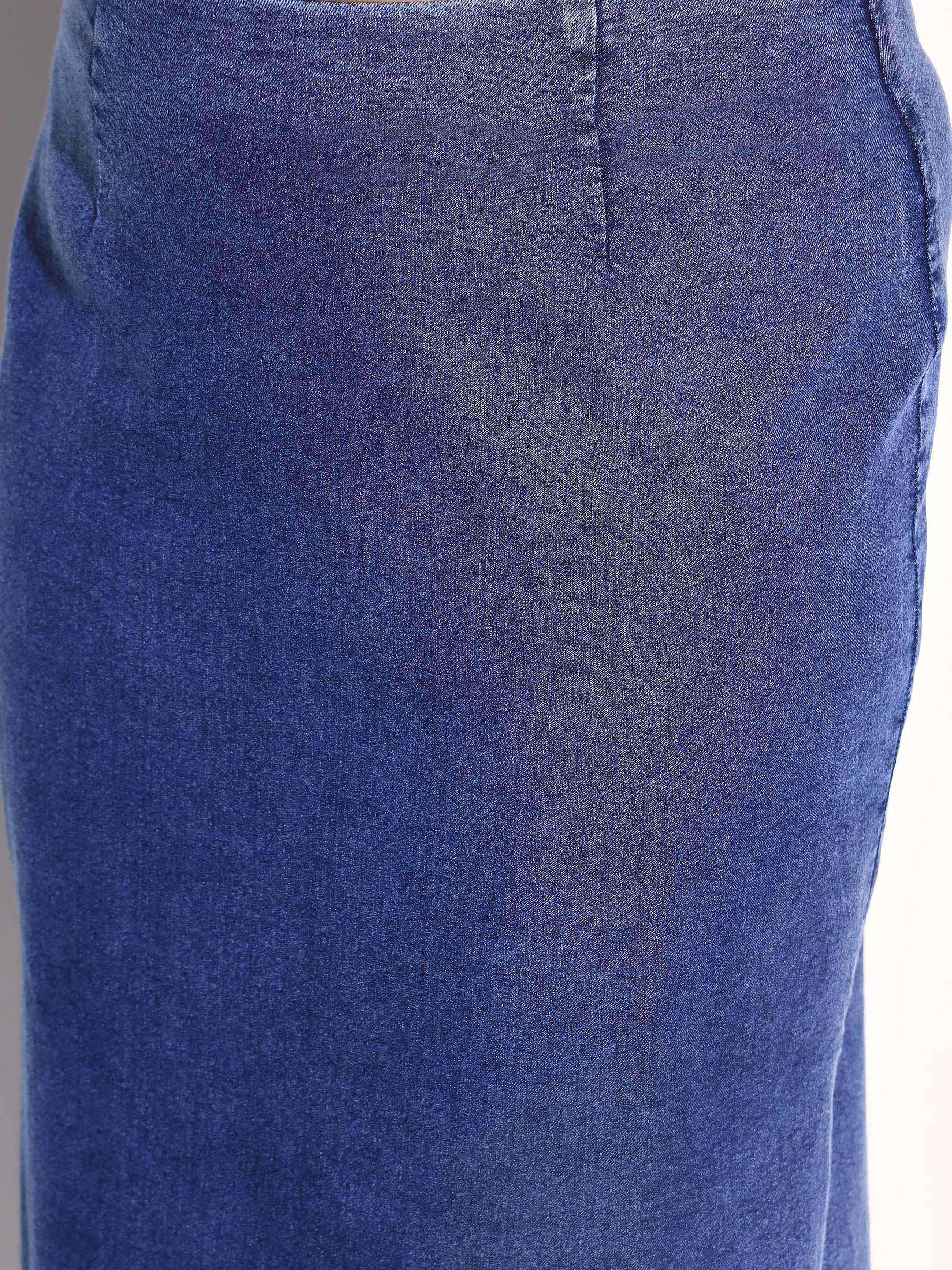 Navy Denim Side Slit Midi Skirt SASSAFRAS Curve