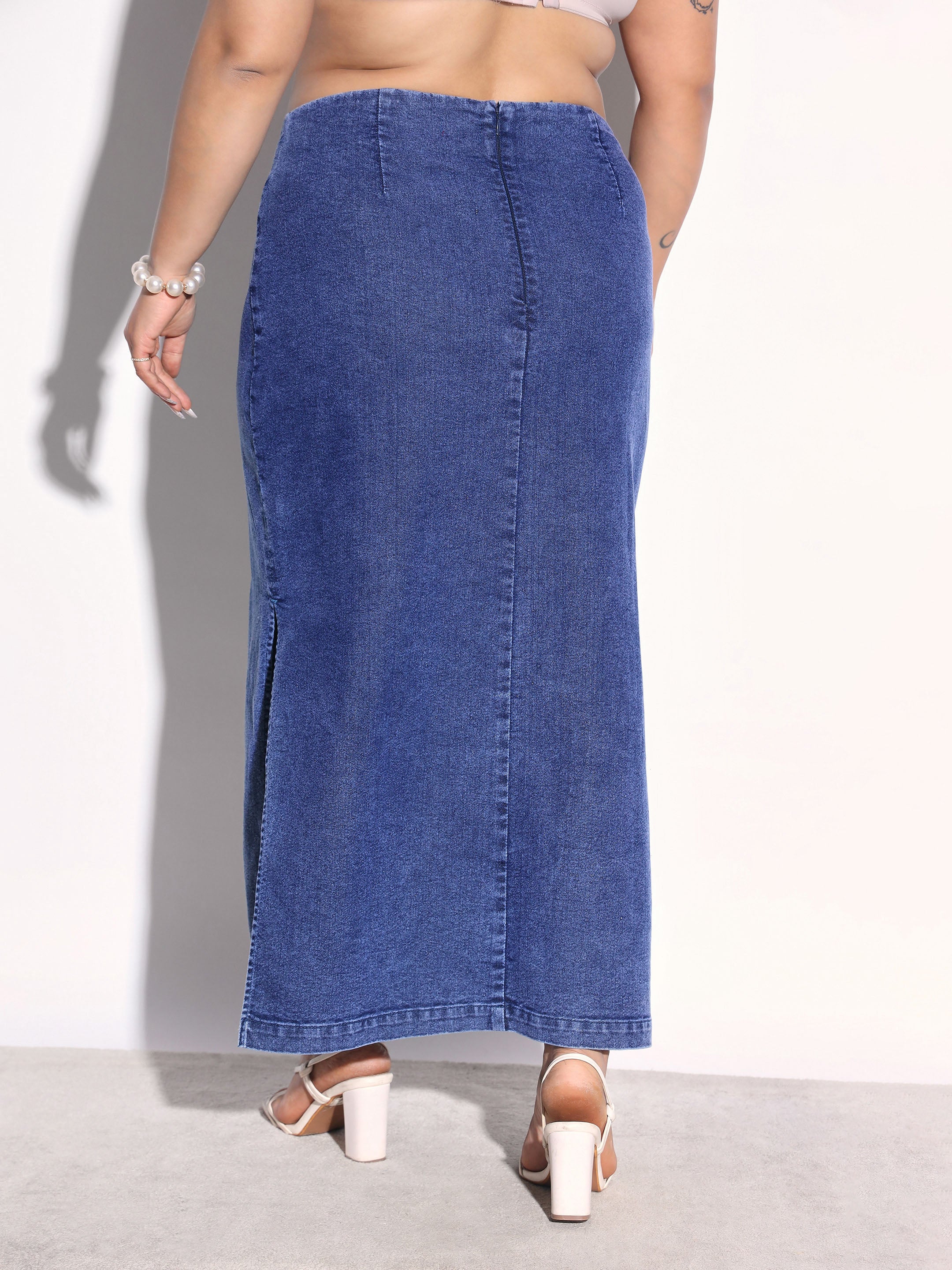 Navy Denim Side Slit Midi Skirt SASSAFRAS Curve