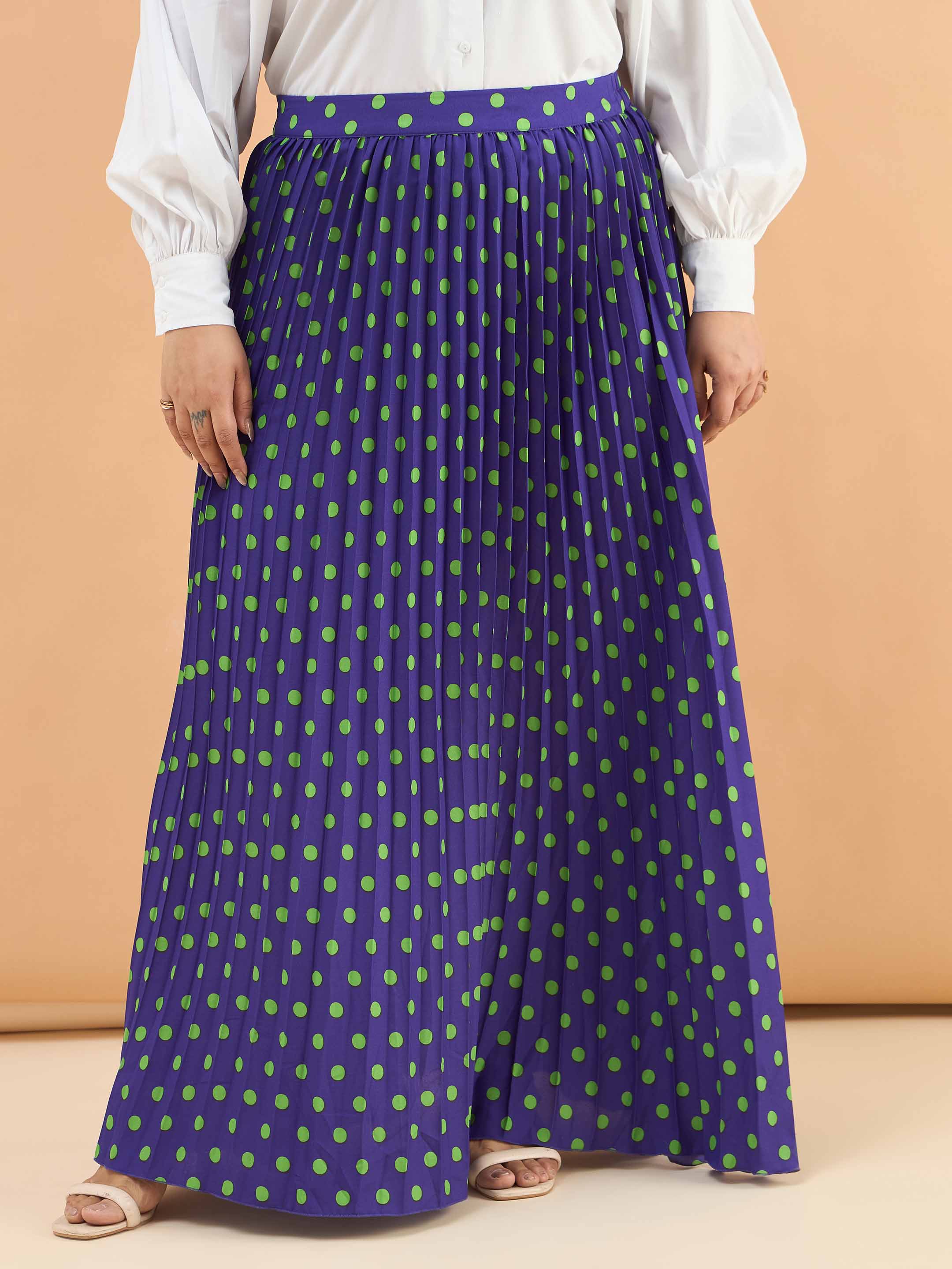 Women Purple Polka Dot Accordion Pleated Maxi Skirt