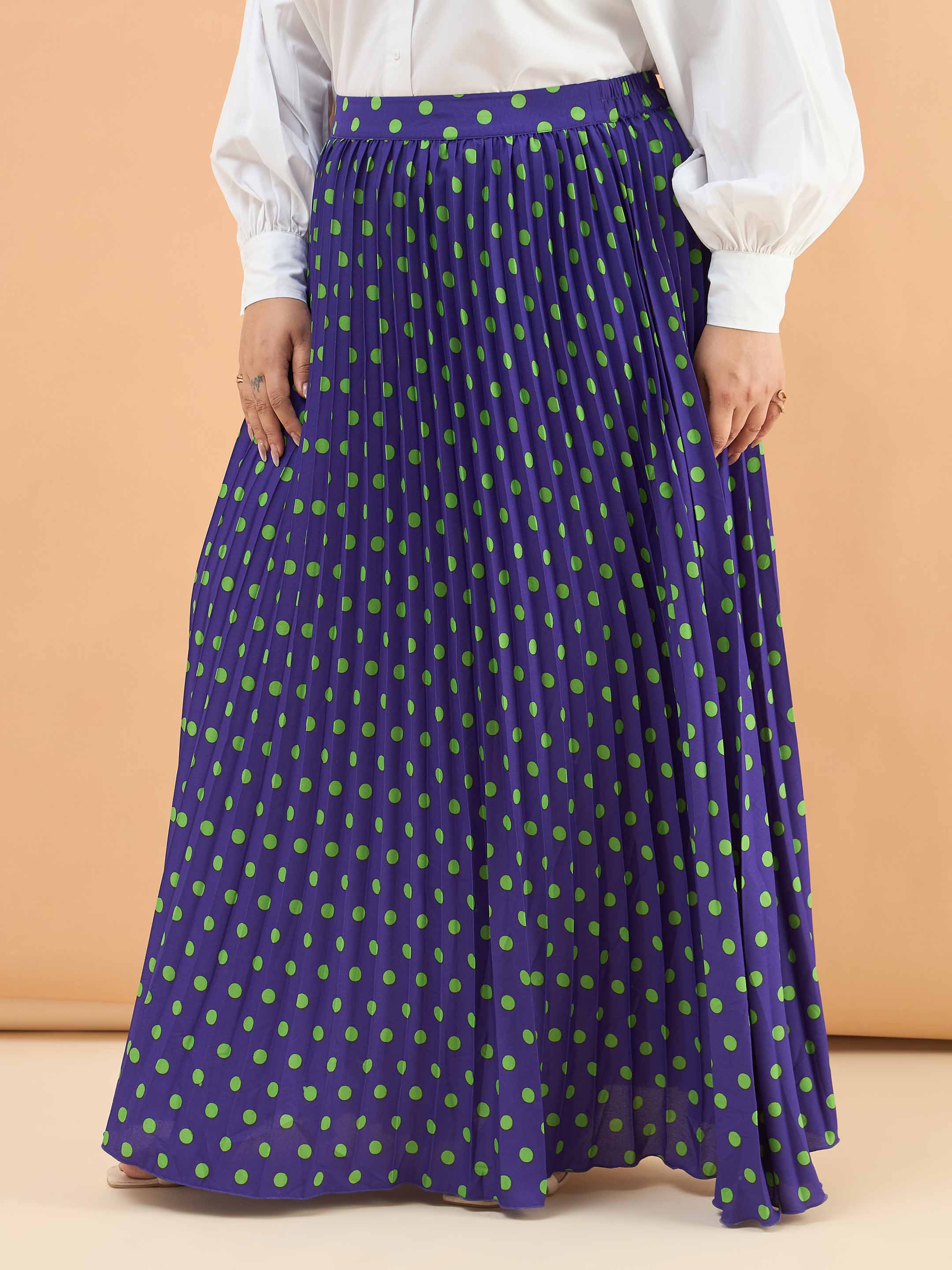 Women Purple Polka Dot Accordion Pleated Maxi Skirt