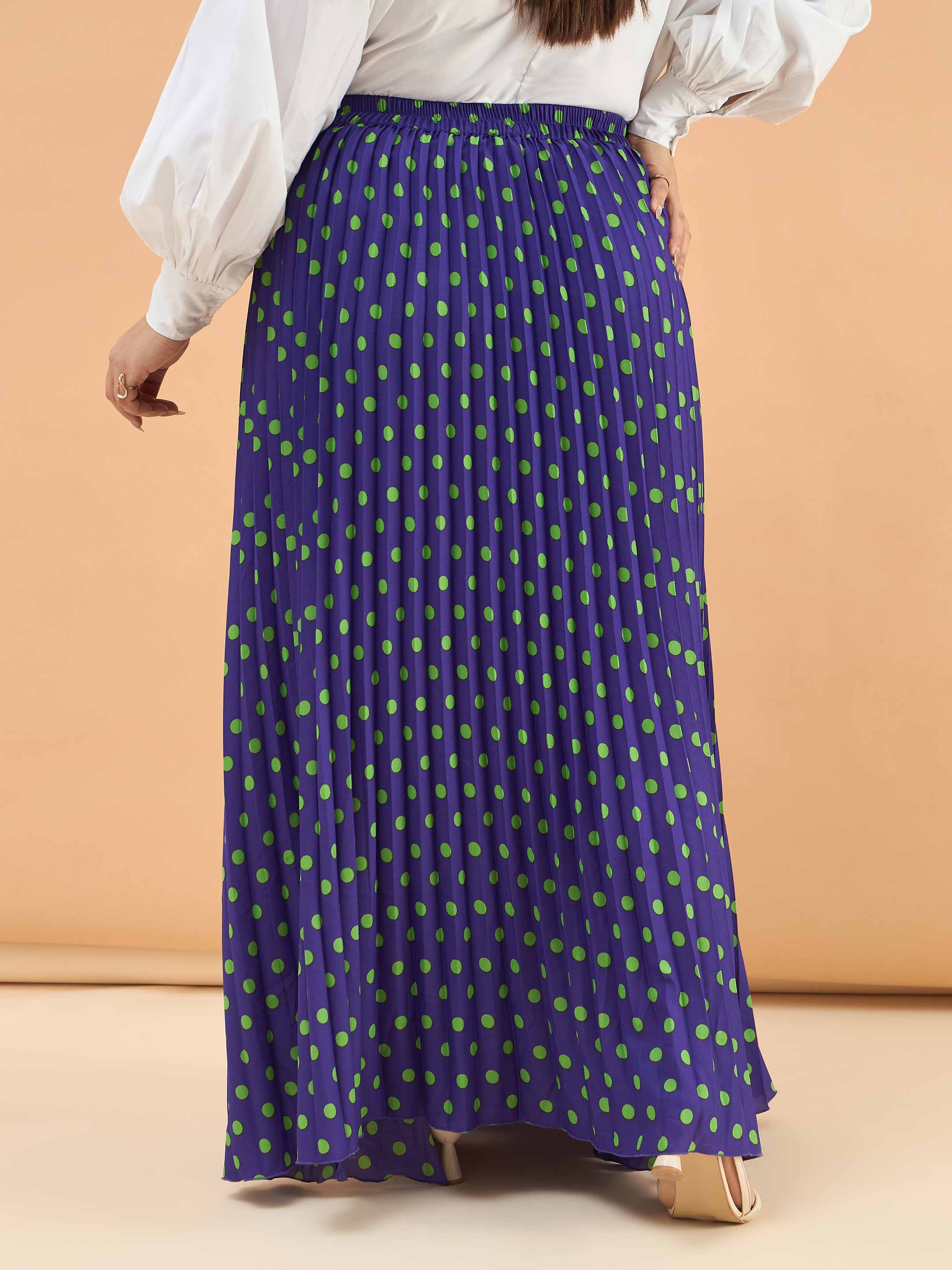 Women Purple Polka Dot Accordion Pleated Maxi Skirt