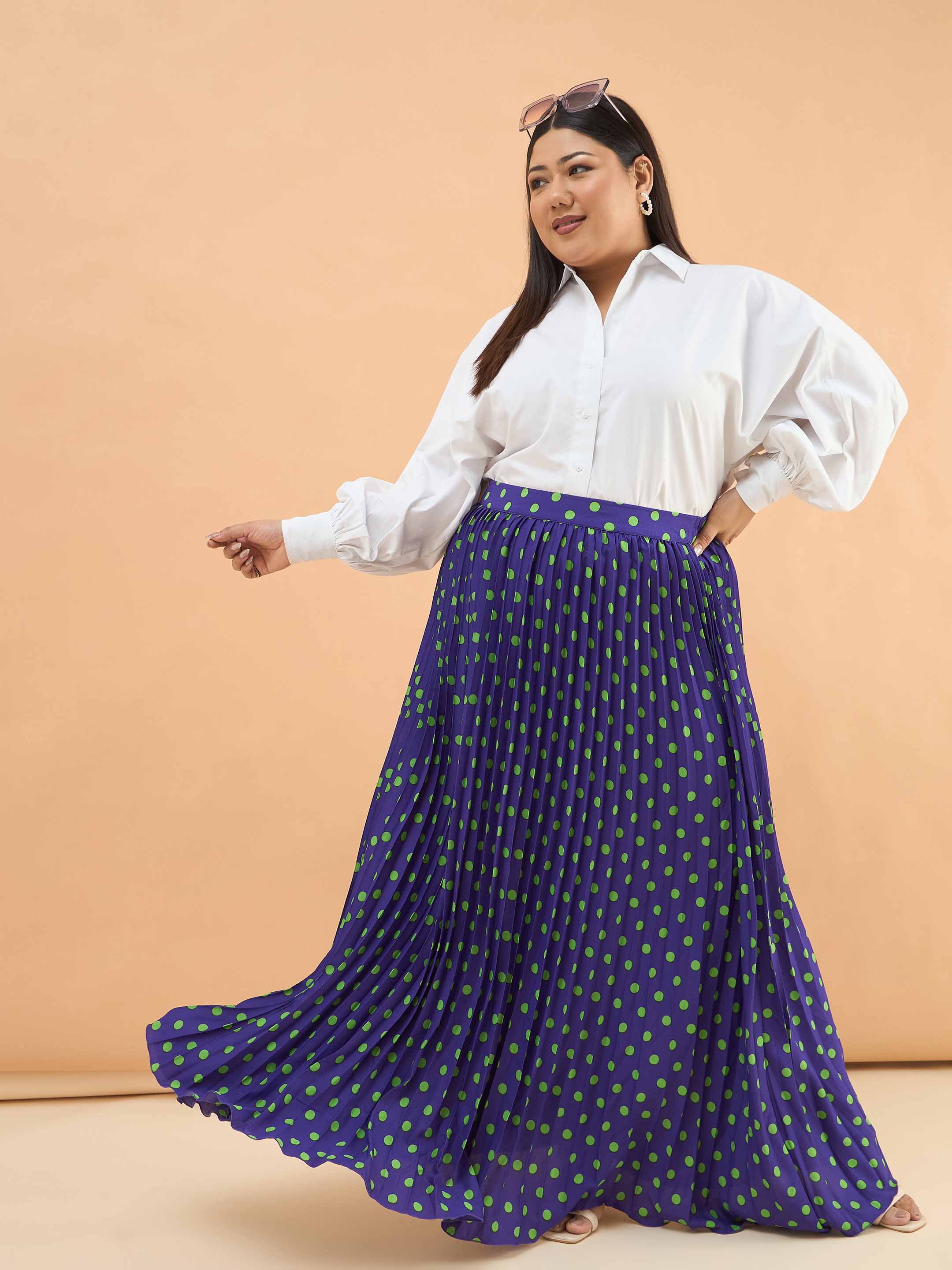 Women Purple Polka Dot Accordion Pleated Maxi Skirt