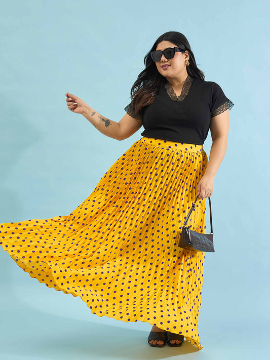 Women Yellow Polka Dot Accordion Pleated Maxi Skirt