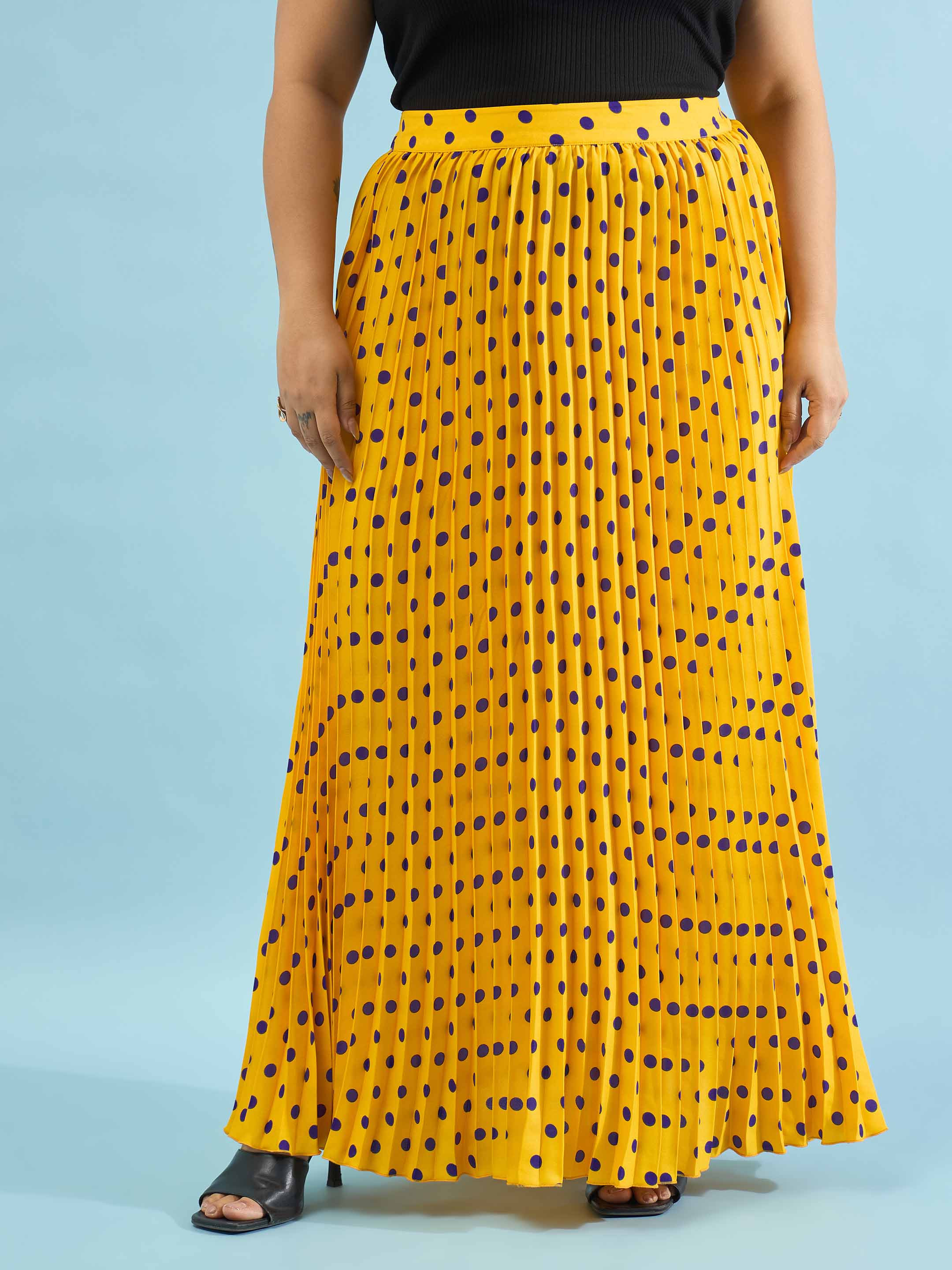 Women Yellow Polka Dot Accordion Pleated Maxi Skirt