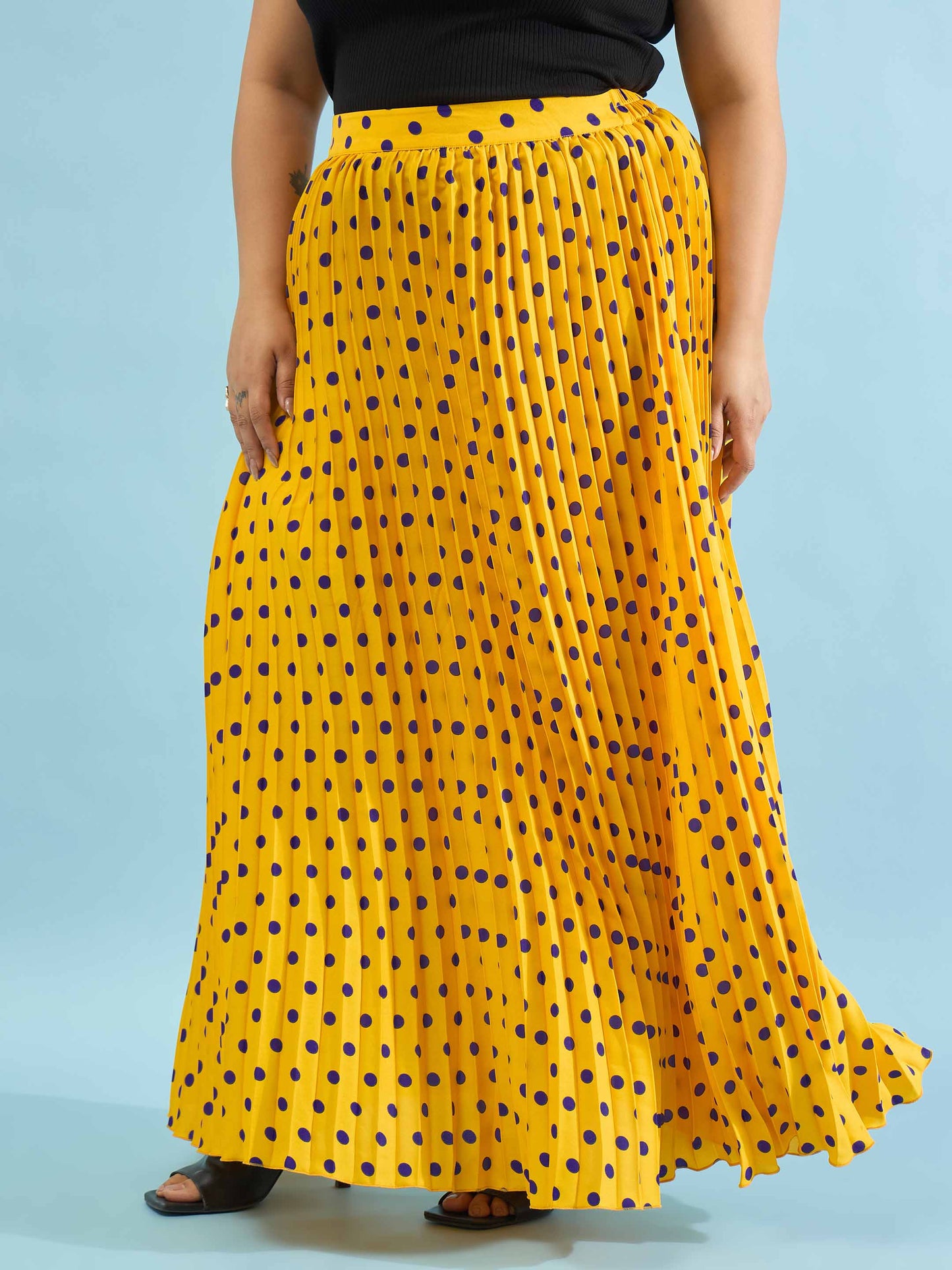 Women Yellow Polka Dot Accordion Pleated Maxi Skirt