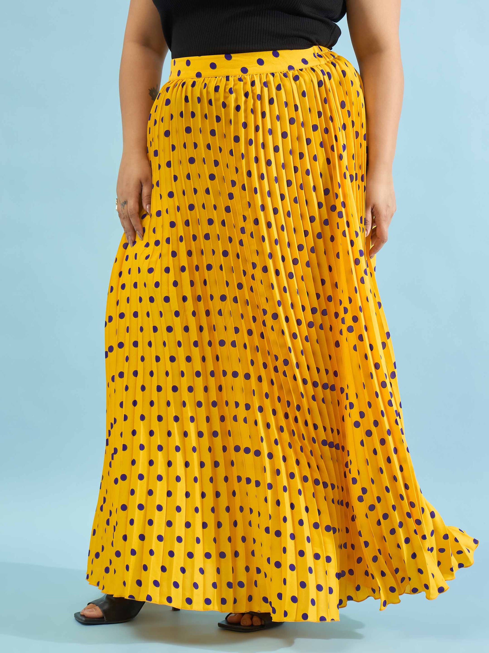 Women Yellow Polka Dot Accordion Pleated Maxi Skirt