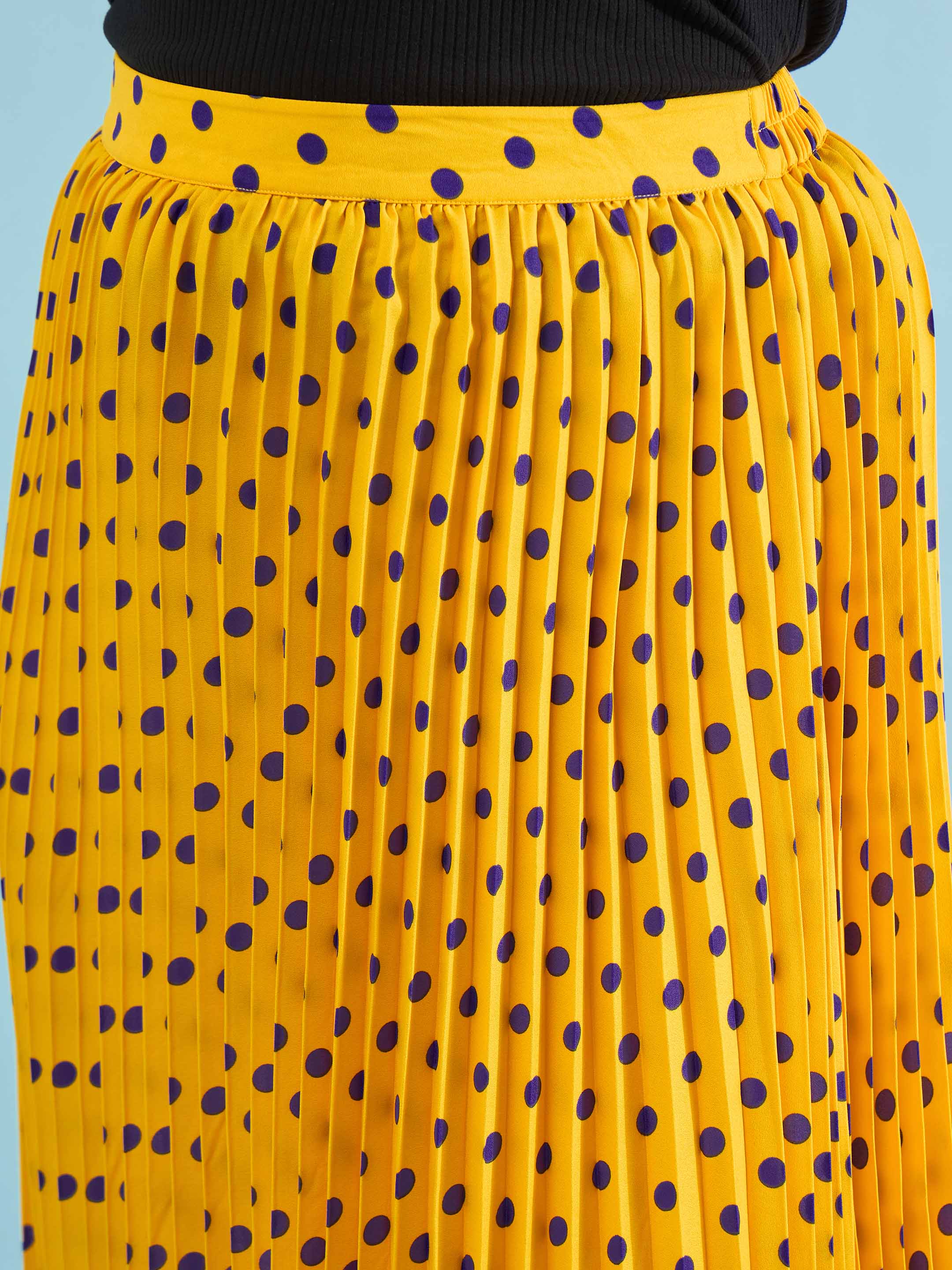 Women Yellow Polka Dot Accordion Pleated Maxi Skirt