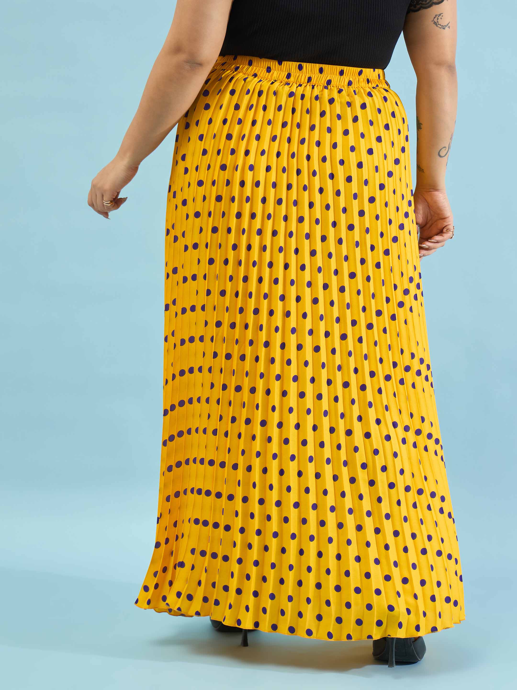 Women Yellow Polka Dot Accordion Pleated Maxi Skirt