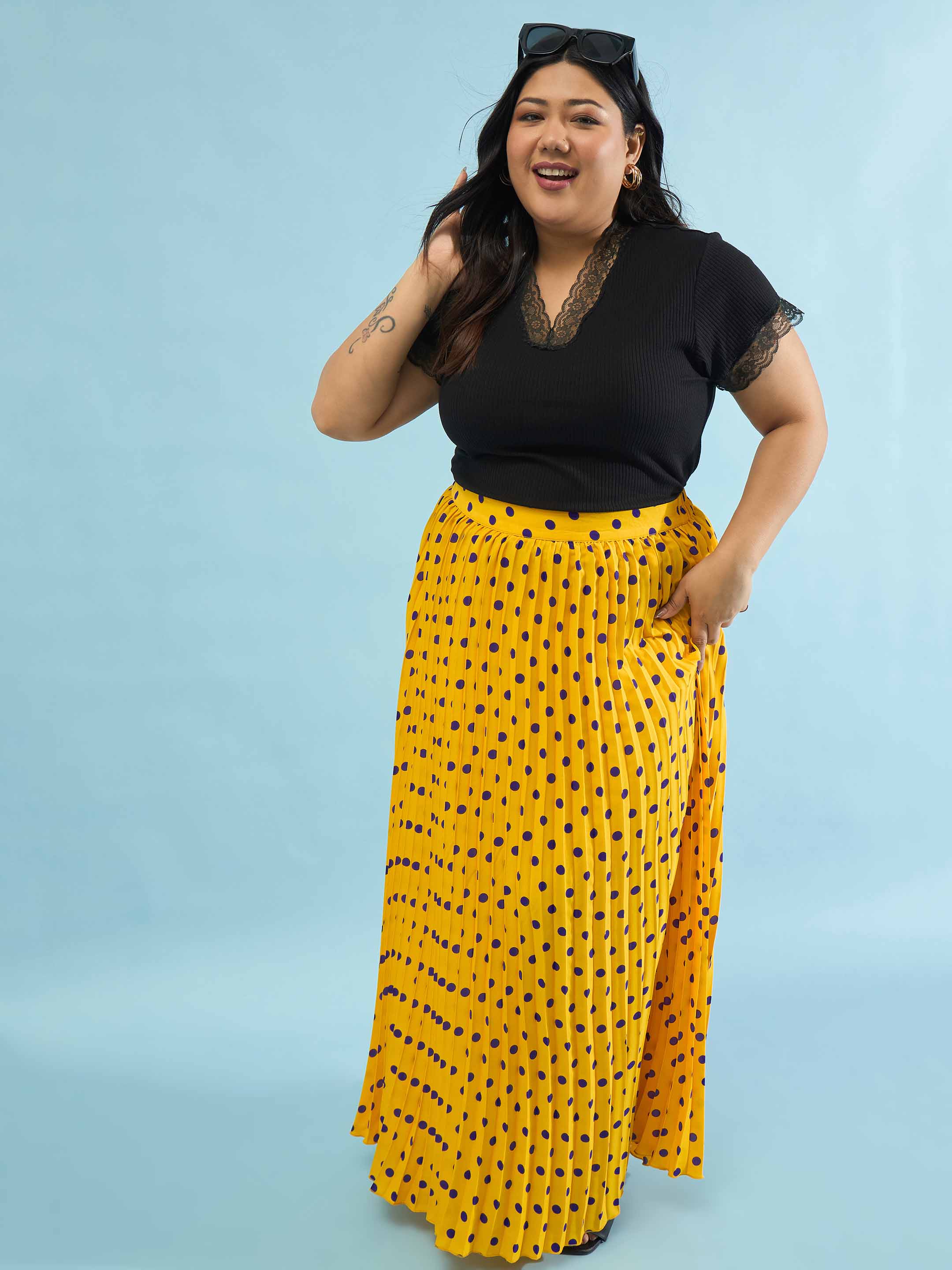 Women Yellow Polka Dot Accordion Pleated Maxi Skirt