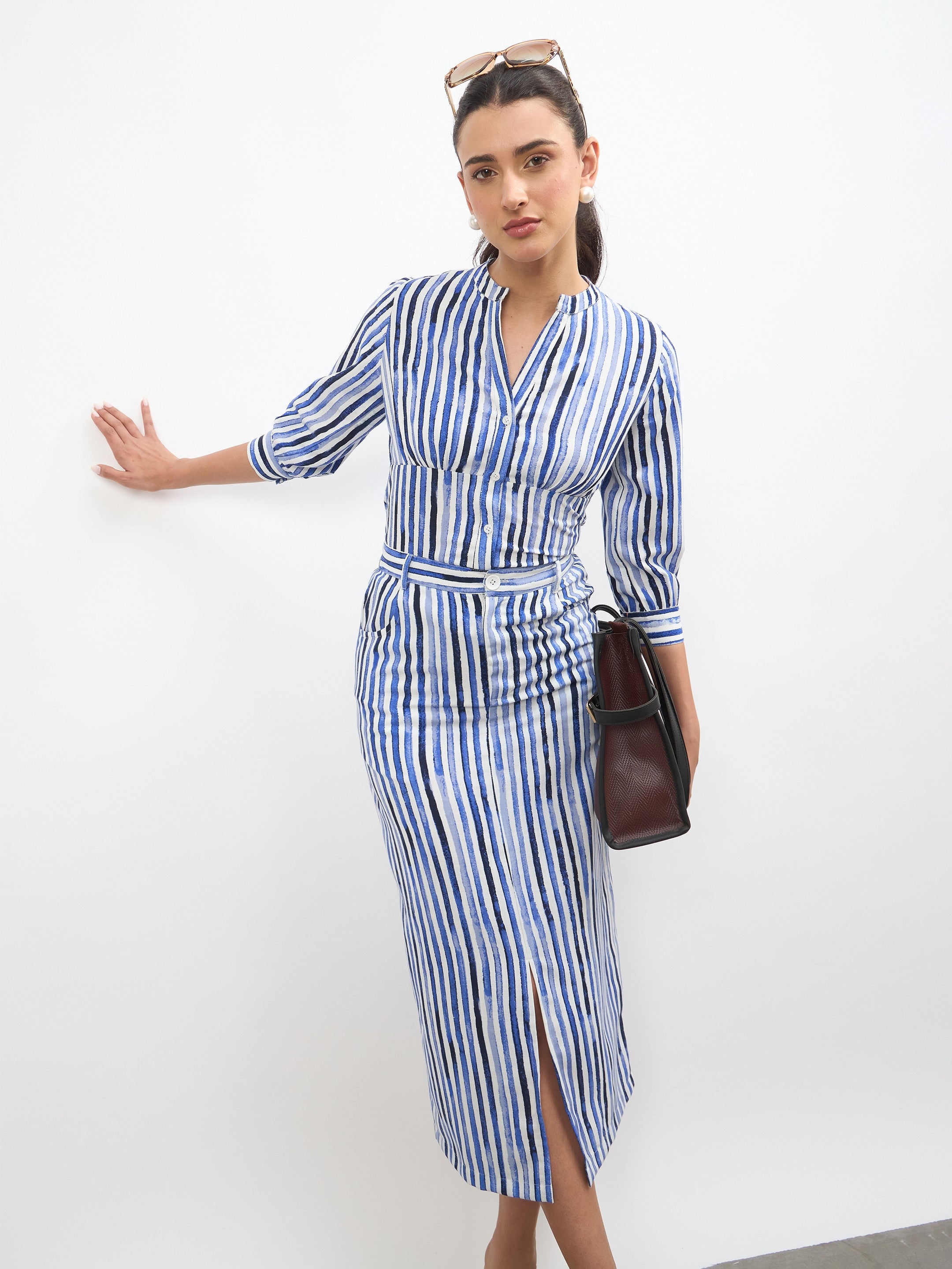 Women Blue Linen Striped Front Slit A-Line Midi Skirt