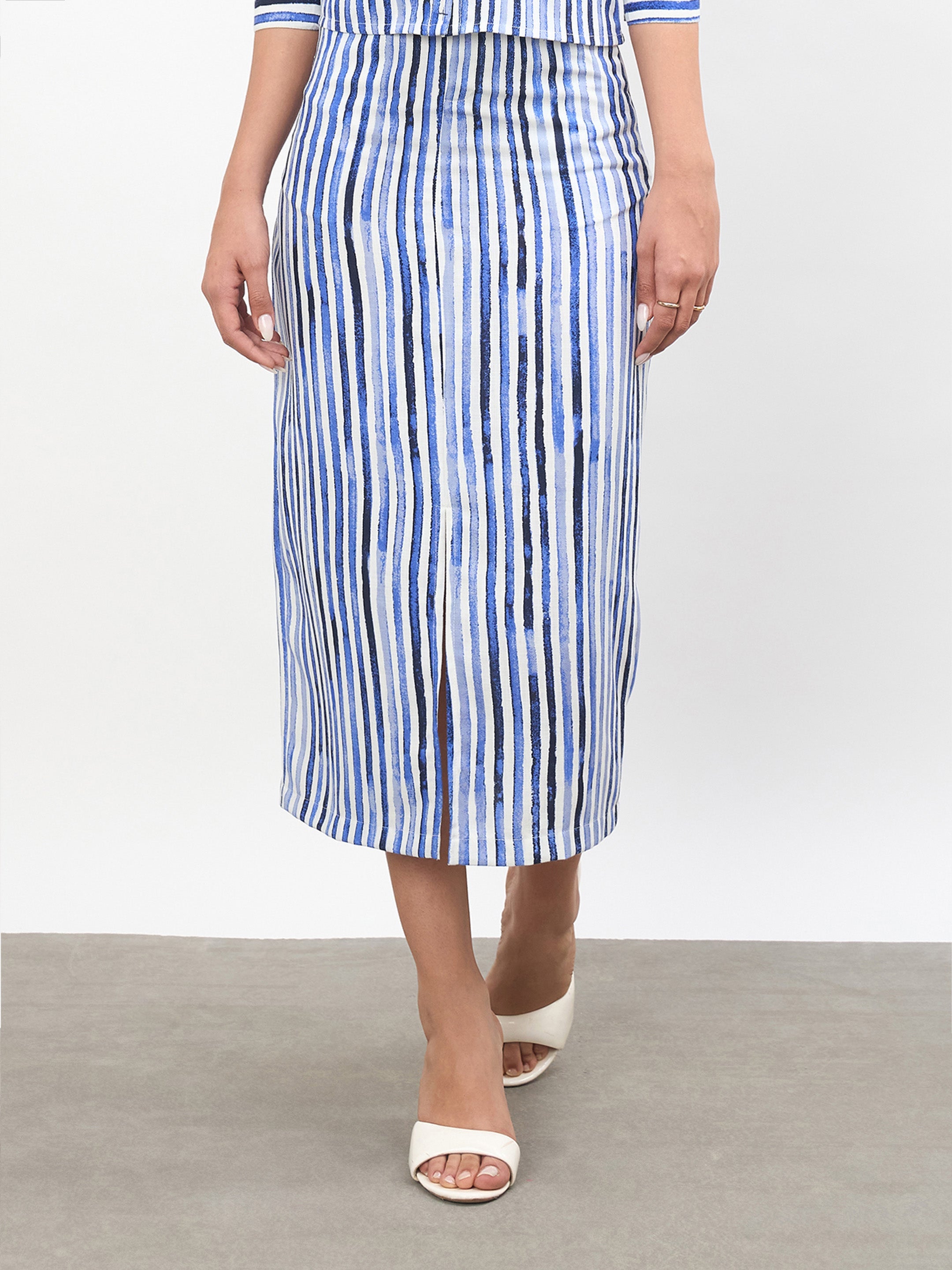 Women Blue Linen Striped Front Slit A-Line Midi Skirt