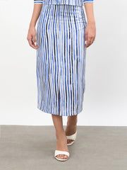 Women Blue Linen Striped Front Slit A-Line Midi Skirt