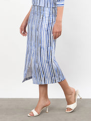 Women Blue Linen Striped Front Slit A-Line Midi Skirt